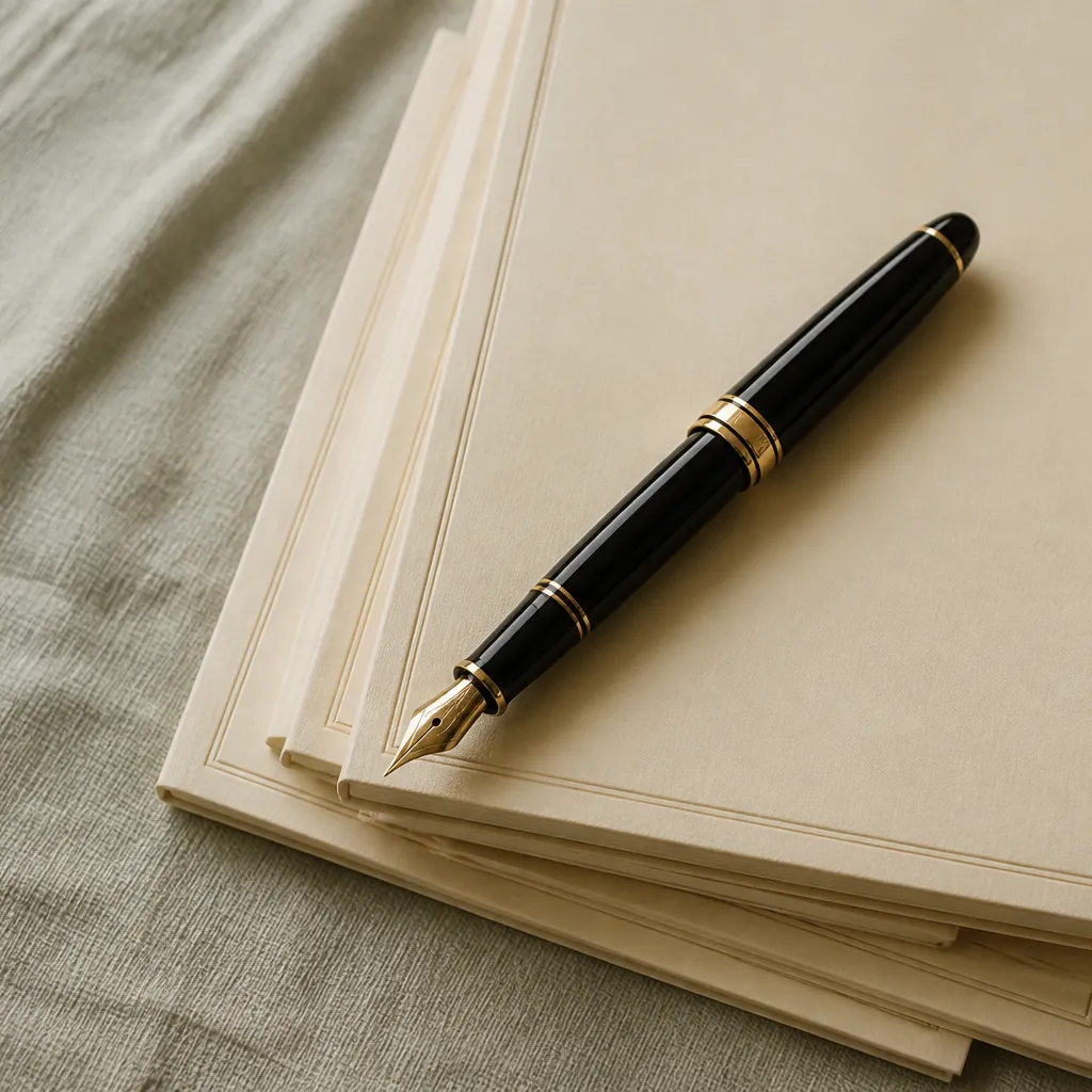 black fountain pen on stacked cream journals on sage linen